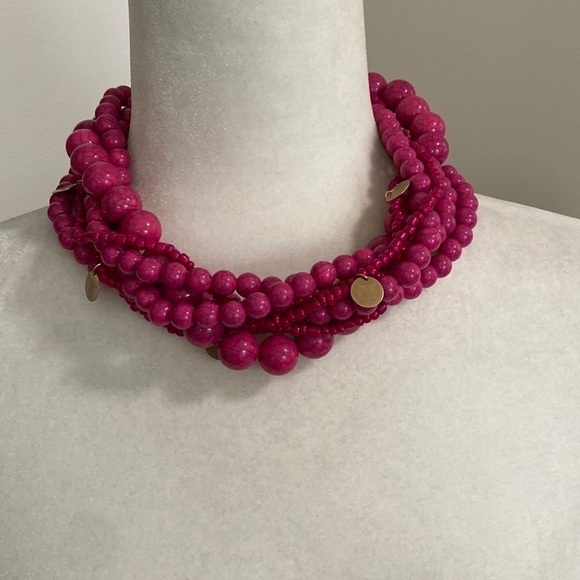 Pink Gold Collar Chunky Beaded Bohemian Artsy Festival Statement Fun Necklace - Picture 4 of 16